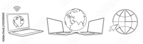 World with connected computers. One line laptop with worldwide intertet, globe access computers and globe connection concept vector Illustration set