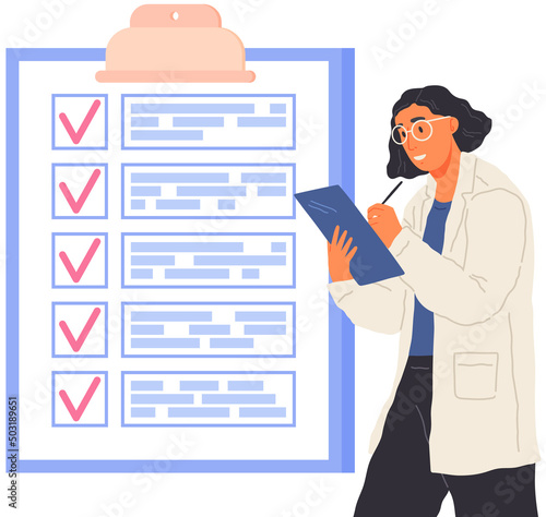 Medical worker or researcher holding document list. Scientist with standing near clipboard with data on paper sheet. Male character or chemistry student. Research into scientific project concept