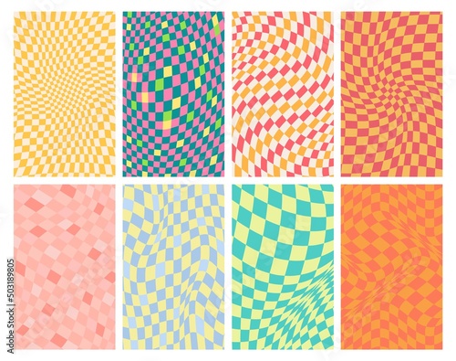Groovy grid. Wavy psychedelic background, 70s swirl texture and trippy grids vector set.