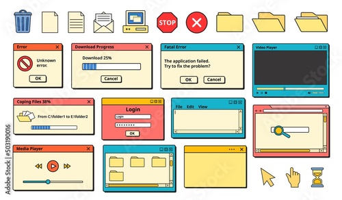 Nostalgic 90s Ui. Retro error messages, old computer icons and app windows vector set