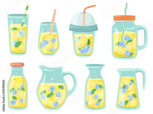 Cold lemonade. Fresh drinks, homemade lemonade in bottle, jug and glass with lemon slices and ice cubes vector illustration set