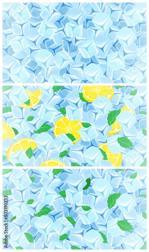 Ice cubes background. Mint ice with lemon, arctic fresh cold and clear iced cube vector illustration set