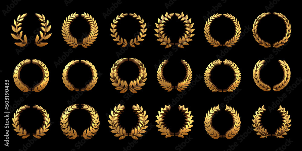 Golden 3D laurel wreath. Gold wheat ornamental borders, round heraldic frame and premium circle branch with leaves vector set Golden 3D laurel wreath. Gold wheat ornamental borders, round heraldic frame and premium circle branch with leaves vector set