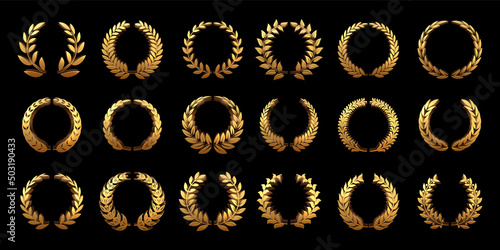 Golden 3D laurel wreath. Gold wheat ornamental borders, round heraldic frame and premium circle branch with leaves vector set