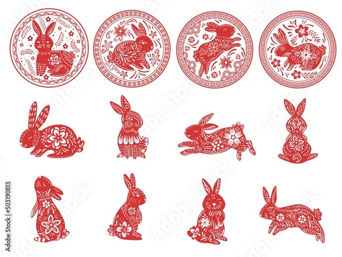 Zodiac rabbit. Chinese lunar new year animal with flowers ornaments, asian rabbits stamps and red horoscope vector Illustration set
