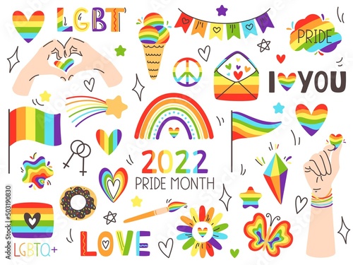 Pride LGBT symbols. Pride month, love signs and rainbow flags. LGBTQ plus community festival icons vector set