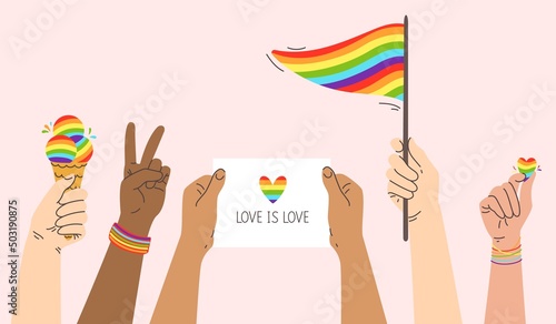 Pride hands. LGBT parade, people hold in hand rainbow flag, poster and heart symbol. Pride month celebration vector illustration