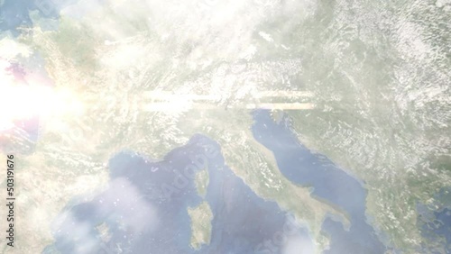 Earth zoom in from outer space to city. Zooming on Reggio nel Emilia, Italy. The animation continues by zoom out through clouds and atmosphere into space. Images from NASA photo