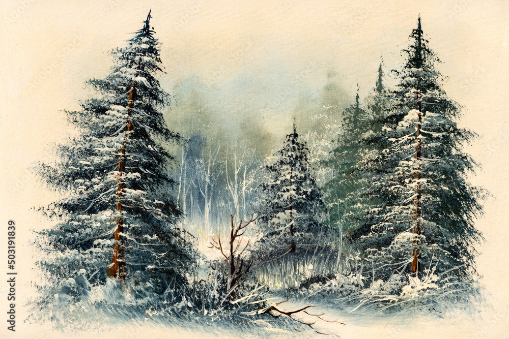 © VIS Fine Arts - Evergreen pine trees in a snowy field. Vintage winter scene oil painting. Christmas concept.