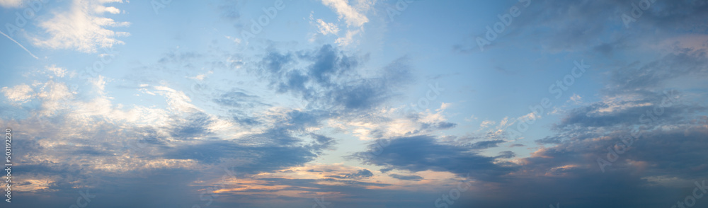 Skyline background with clouds, sky and sun light. Sunset sky