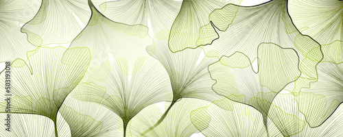 Art background with a skeleton of gingko leaves in green. Botanical tropical banner for wallpaper design, packaging, interior decor