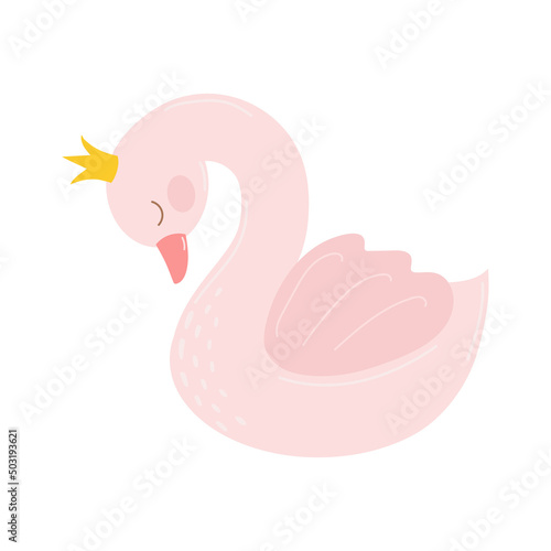 Cute little cartoon pink swan in a crown. Isolated on a white background.