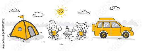 Stick figures. Travelers couple camping tent vector illustration design. Mobile home for country and nature vacation. Recreational vehicle. Camping caravan car. Holiday trip concept. 