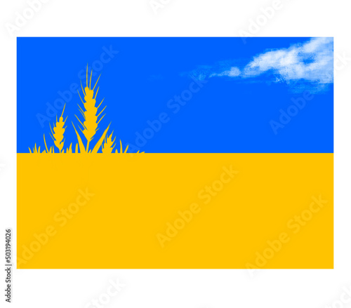 Ukrainian flag with wheat spikelets and cloud