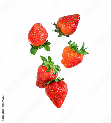 Falling ripe strawberry isolated on white background. Fresh ripe strawberry close-up isolated on white background