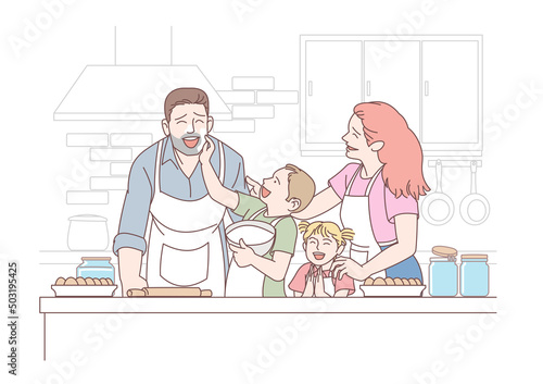A lovely family having fun baking together in the home kitchen ,isolated on white background,illustration