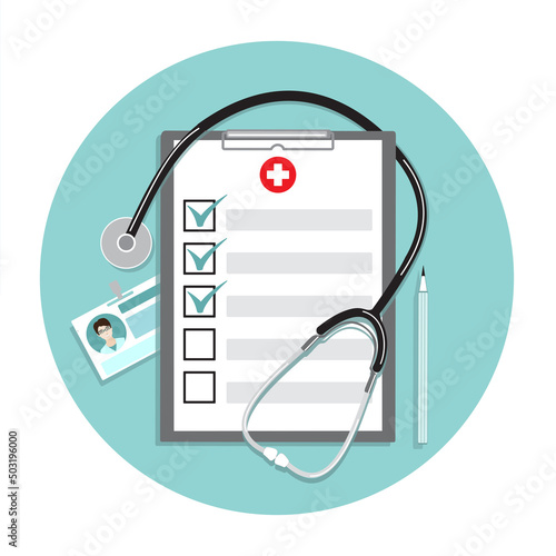 Doctor physician professional medical hospital accessories. Clip board, marked checklist,stethoscope, badge, pencil. Health checkup, clinic diagnosis, treatment report concept Flat vector illustration photo