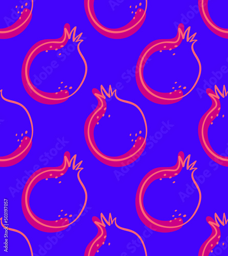 Creative pomegranates with spots and dots. Fruity seamless pattern with scattered outline fruits. Summer design with repeated fruits. Hand drew ink doodle style. 