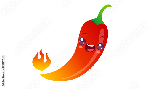 Vector illustration of chilli pepper and flame in kawaii style.