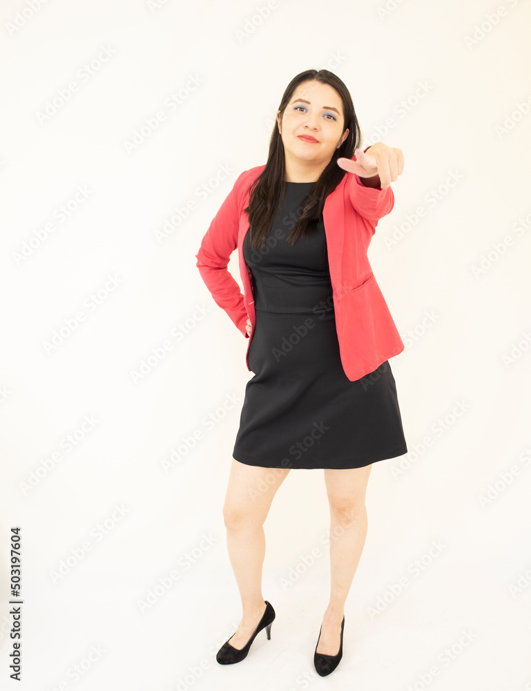 Beautiful and successful woman entrepreneur,
wearing black suit, pink jacket, focused on the success of her goals, on white background Beautiful and successful woman entrepreneur,
wearing black suit, pink jacket, focused on the success of her goals, on white background