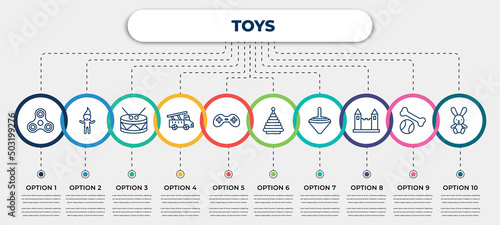 vector infographic template with icons and 10 options or steps. infographic for toys concept. included spinner toy, troll toy, drum toy, fire truck gamepad pyramid spinning top castle bunny