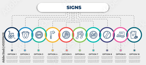 vector infographic template with icons and 10 options or steps. infographic for signs concept. included wheelchair, barefoot, uv ray warning, turn, do not touch, no music, rats, forbidden, gambling.