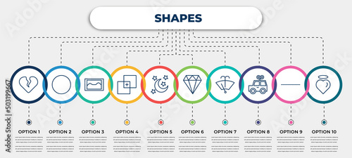 vector infographic template with icons and 10 options or steps. infographic for shapes concept. included heartbreak, blank circle, foto, paint selection, moon and stars, big diamond, windshield
