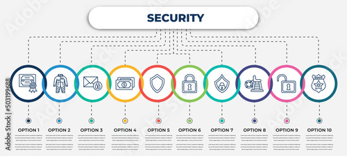 vector infographic template with icons and 10 options or steps. infographic for security concept. included marriage certificate, race suit, secure envelope, two dollar bills, black shield, locked