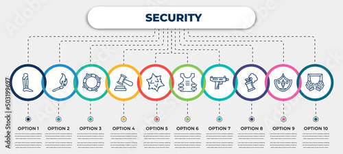 vector infographic template with icons and 10 options or steps. infographic for security concept. included leg protector, match fire, lifesaving, court gavel, e, bullet proof vest, uzi, smoke