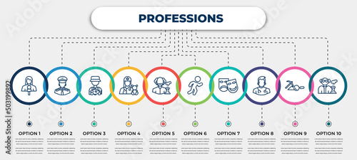 vector infographic template with icons and 10 options or steps. infographic for professions concept. included journalist, pilot, fisherman, pediatrician, scientist, athlete, actor, doctor, chemist.
