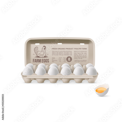 Fresh Organic Chicken Eggs in Open Carton Pack, or Egg Container Isolated on White Background. Twelve Large Eggs from Eggs Farm in Brand Pack