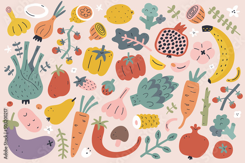 Vegetable foods collection, various fruits, asparagus and sweet pepper, broccoli, greens. Healthy cooking ingredients. Hand drawn stylized art, isolated, vector illustrations, good for farmers market
