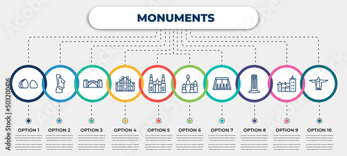 vector infographic template with icons and 10 options or steps. infographic for monuments concept. included al shaheed monument, easter island, stari most, milan cathedral, cathedral, russia, abu