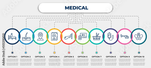 vector infographic template with icons and 10 options or steps. infographic for medical concept. included illness on bed, dermis, hospital placeholder, medical results folders, gallbladder, diagtic,
