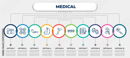 vector infographic template with icons and 10 options or steps. infographic for medical concept. included medical records, plaster, inhalator, arm, knee, braces, notepad, bacteria, tooth brush.