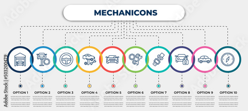 vector infographic template with icons and 10 options or steps. infographic for mechanicons concept. included car in a garage, changing car tire, car steering wheel, tire change, rectangular repair