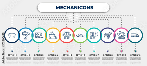 vector infographic template with icons and 10 options or steps. infographic for mechanicons concept. included glass wiper, garage elevator, ambulance facing left, van an antenna, bus front view,