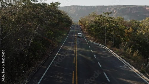 Highway to Mountain Plateau Sunrise Aerial Drone Shot Chapada Dos Guimarães