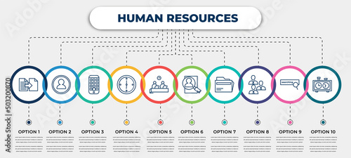 vector infographic template with icons and 10 options or steps. infographic for human resources concept. included compare, profiles, application, time, working, hiring, files, employee, chess clock.