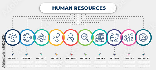 vector infographic template with icons and 10 options or steps. infographic for human resources concept. included skills, 12 hours, work team, contact, hired, job search, office, change personal,