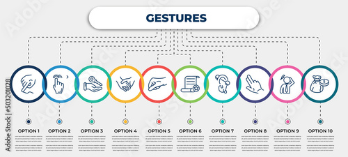 vector infographic template with icons and 10 options or steps. infographic for gestures concept. included smudge, drag right, hanging over the key, holding hands, grab, decree, piercings, gestures,