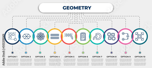 vector infographic template with icons and 10 options or steps. infographic for geometry concept. included ungroup, hexahedron, asterisk, parallel, select all, paste clipboard, import, array,