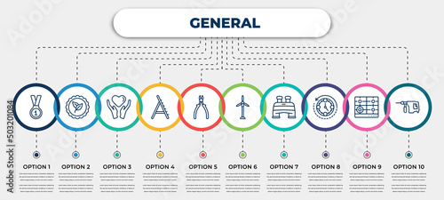 vector infographic template with icons and 10 options or steps. infographic for general concept. included number one medal, go green badge, heart between hands, stepladder, nippers, renewable energy