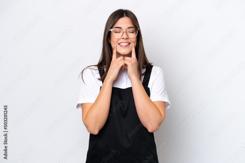 Restaurant Brazilian waiter woman isolated on white background smiling with a happy and pleasant expression Restaurant Brazilian waiter woman isolated on white background smiling with a happy and pleasant expression