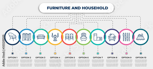 vector infographic template with icons and 10 options or steps. infographic for furniture and household concept. included lounge chair, folding screen, comfortable, candelabrum, ceremonial, single,