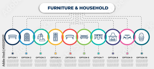 vector infographic template with icons and 10 options or steps. infographic for furniture & household concept. included bench, double door, sump pump, door, hassock, daybed, gateleg table, chimney,