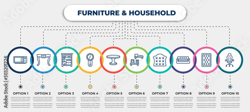 vector infographic template with icons and 10 options or steps. infographic for furniture & household concept. included microwave, adornment, shelf, wall clock, dining table, wall shelves,