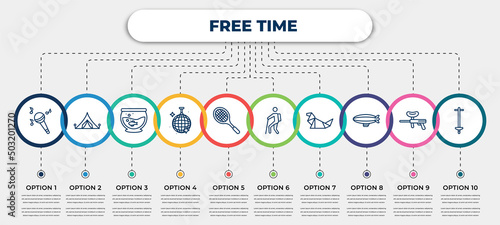 vector infographic template with icons and 10 options or steps. infographic for free time concept. included concert, camping, fish tank, disco ball, tennis racket, trekking, origami, airship, pogo