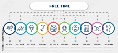 vector infographic template with icons and 10 options or steps. infographic for free time concept. included billiard, riding, parachuting, bungee jumping, instant camera, bags, zorbing, hiking,