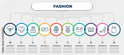 vector infographic template with icons and 10 options or steps. infographic for fashion concept. included collar, jacket with buttons, hazmat, purses, women coat, medal with a star, cat eyes, royal,